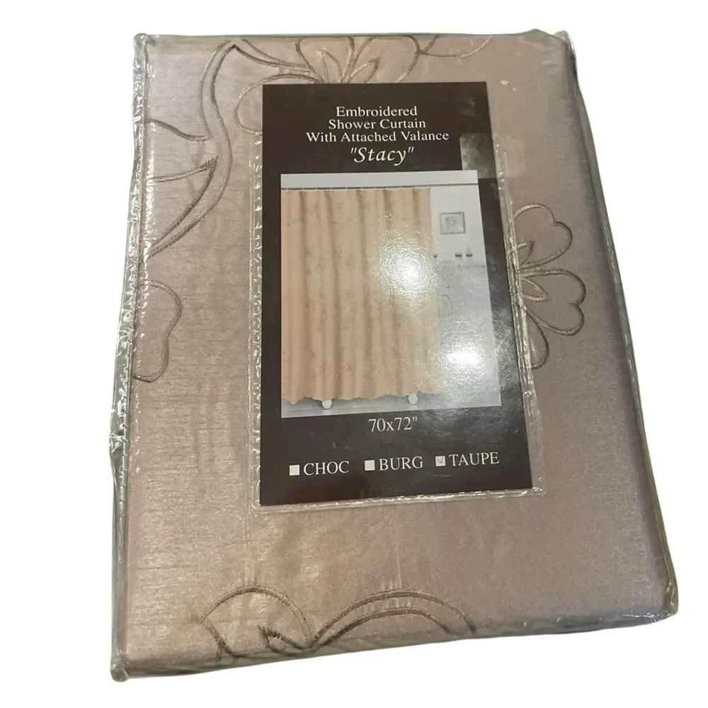 Shower Curtain Embroidered w Attached Valance Taupe Embroidered Flower 70x72 NIP